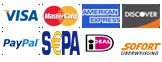 Paypal, Visa, Master Card, American Express, Discover, Sepa, I Deal, Sofort